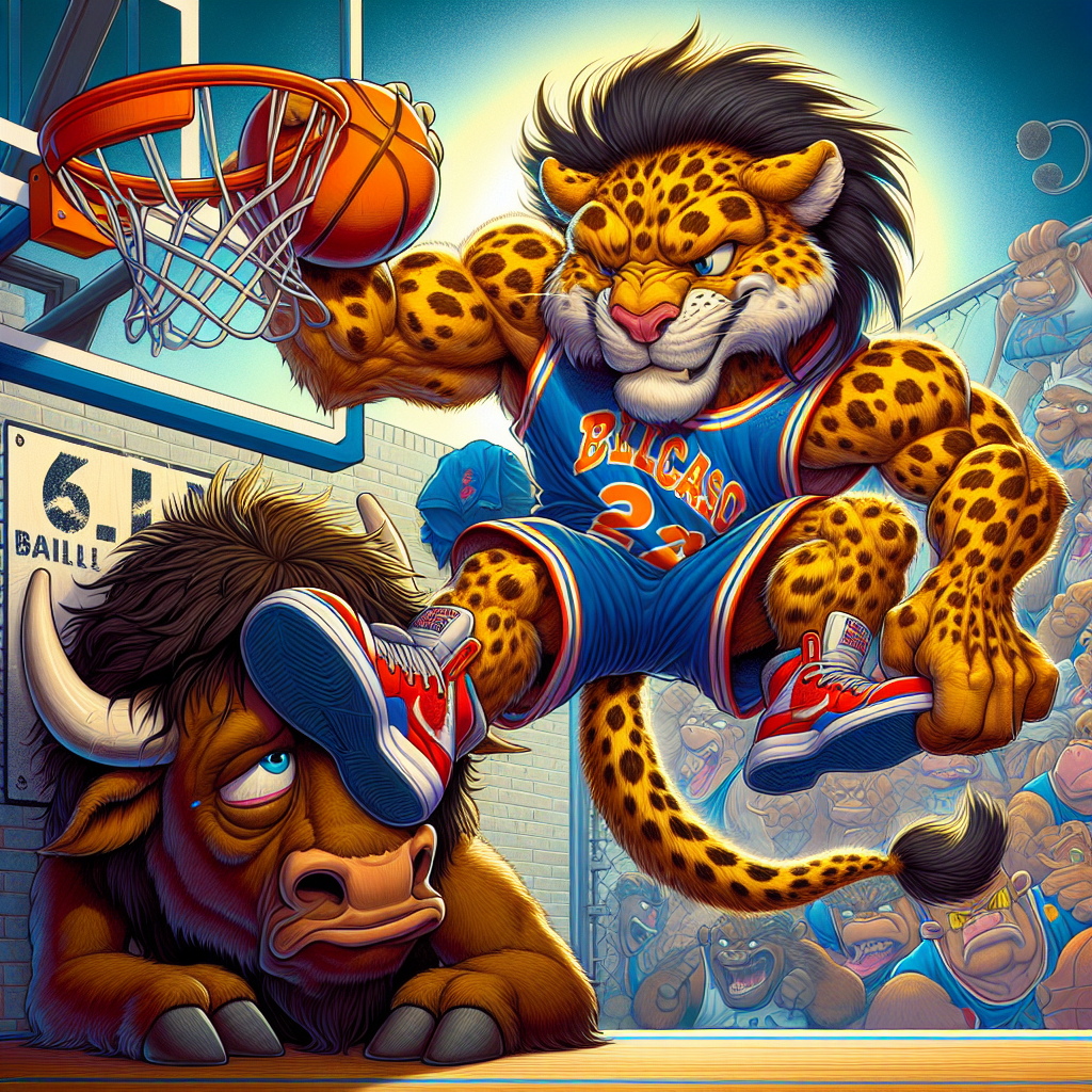 Cartoon Lafayette Leopard absolutely dunking on a tiny, sad-looking Bucknell Bison with the score "62-24" subtly displayed as graffiti on the backboard.
