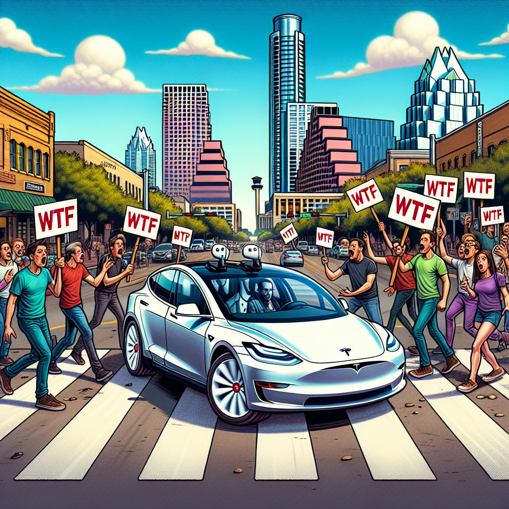 Tesla robotaxi yeeting through a crosswalk overflowing with bewildered pedestrians holding "WTF" signs, Austin skyline in the background, meme style.