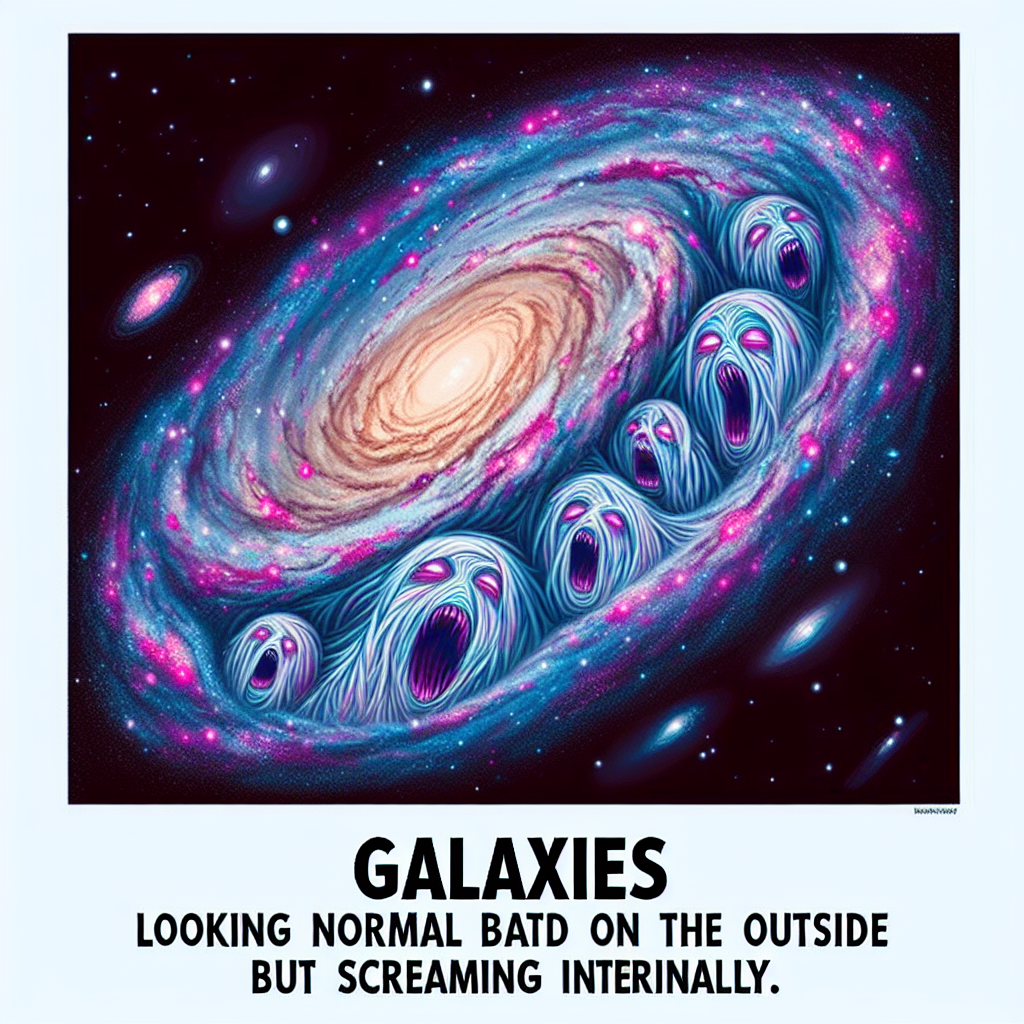 A family-friendly, SFW, non-controversial meme about the following topic: Galaxy looking normal on the outside, screaming internally cosmic horror movie poster.