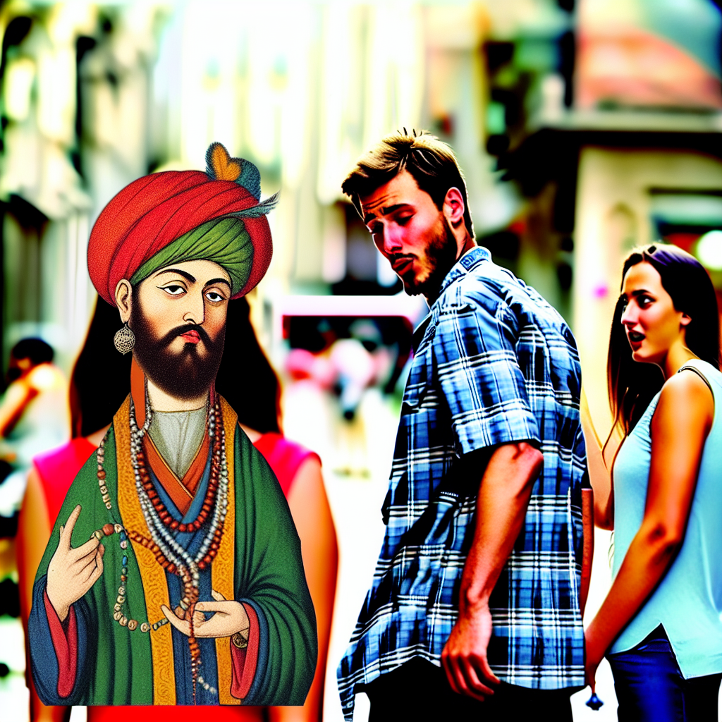 A Gen-Z style image of Amir Khusrau photoshopped into a relatable image.
"Amir Khusrau photoshopped into the distracted boyfriend meme, but the boyfriend is a medieval Mughal dude looking at poetry on a scroll (poetry is the hot girl), while his disapproving girlfriend is Nizamuddin Auliya holding a prayer bead. Art style: vibrant, meme-inspired, modern."