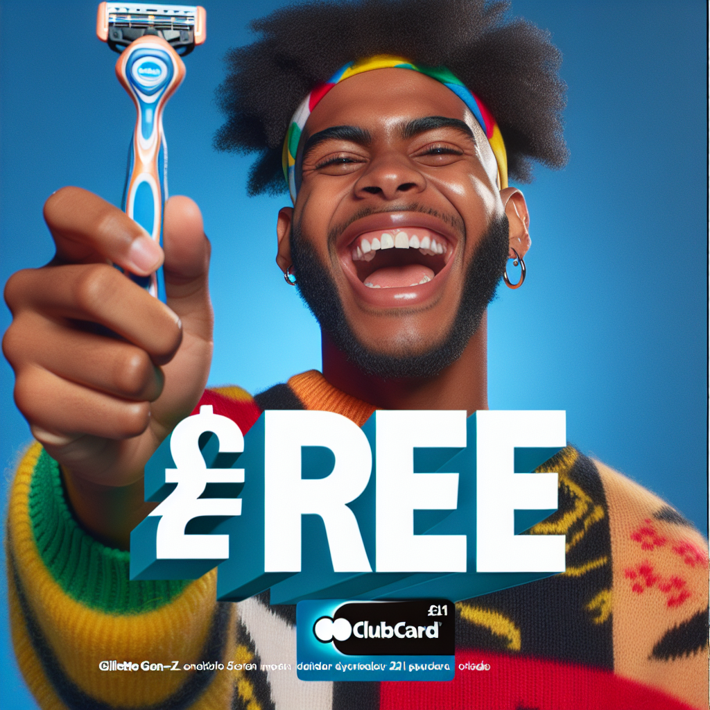 Zoomed-in, euphoric Gen-Z face, holding a Gillette razor triumphantly. Clubcard logo subtly in background. Text: "£21 FREE"
