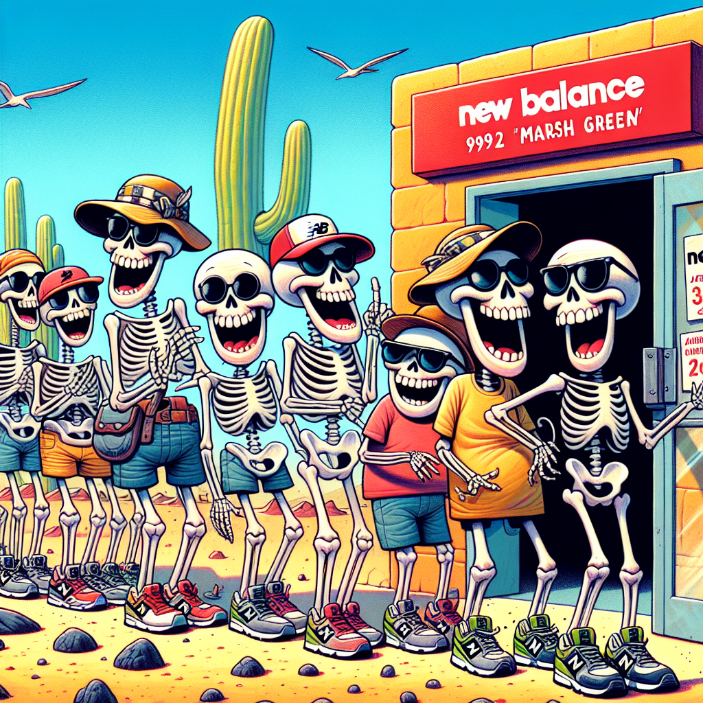 A family-friendly, SFW, non-controversial meme about the following topic: A group of skeletons excitedly waiting in line outside a New Balance store in the desert heat. The sign on the door reads "New Balance 992 'Marsh Green' - Arriving July 10, 2025". Caption with "Us waiting for the Marsh Greens to drop."