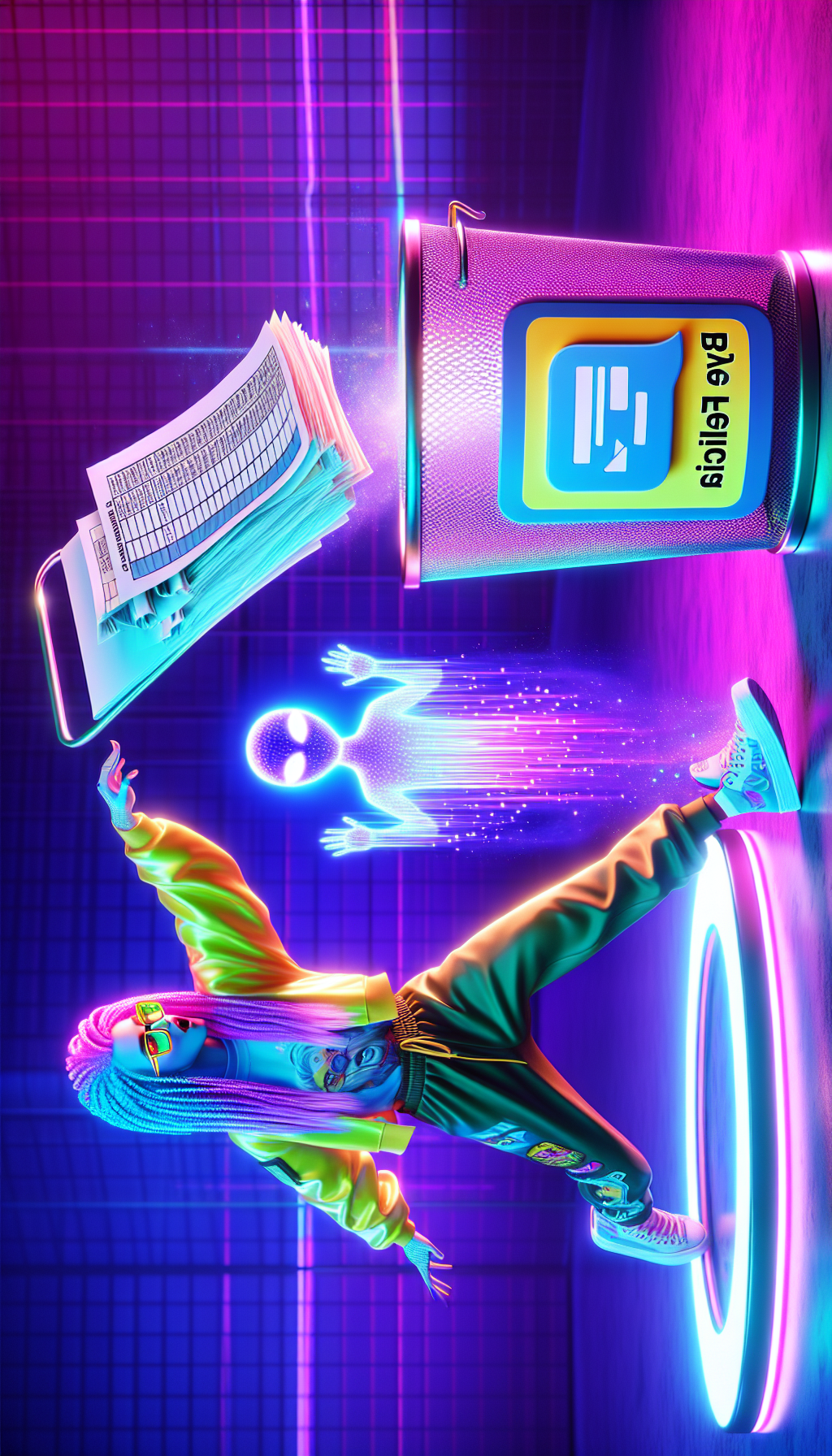 A hyper-realistic image of a Gen-Z person dramatically throwing a spreadsheet into a digital trash can labeled "Bye Felicia," while ChatGPT whispers sweet nothings of data analysis in their ear, rendered in a vibrant, meme-worthy style.