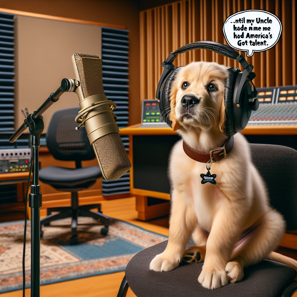 A confused golden retriever puppy wearing headphones, staring blankly at a microphone in a professional recording studio. Speech bubble pointing to the dog saying "...until my uncle made me audition for America's Got Talent".