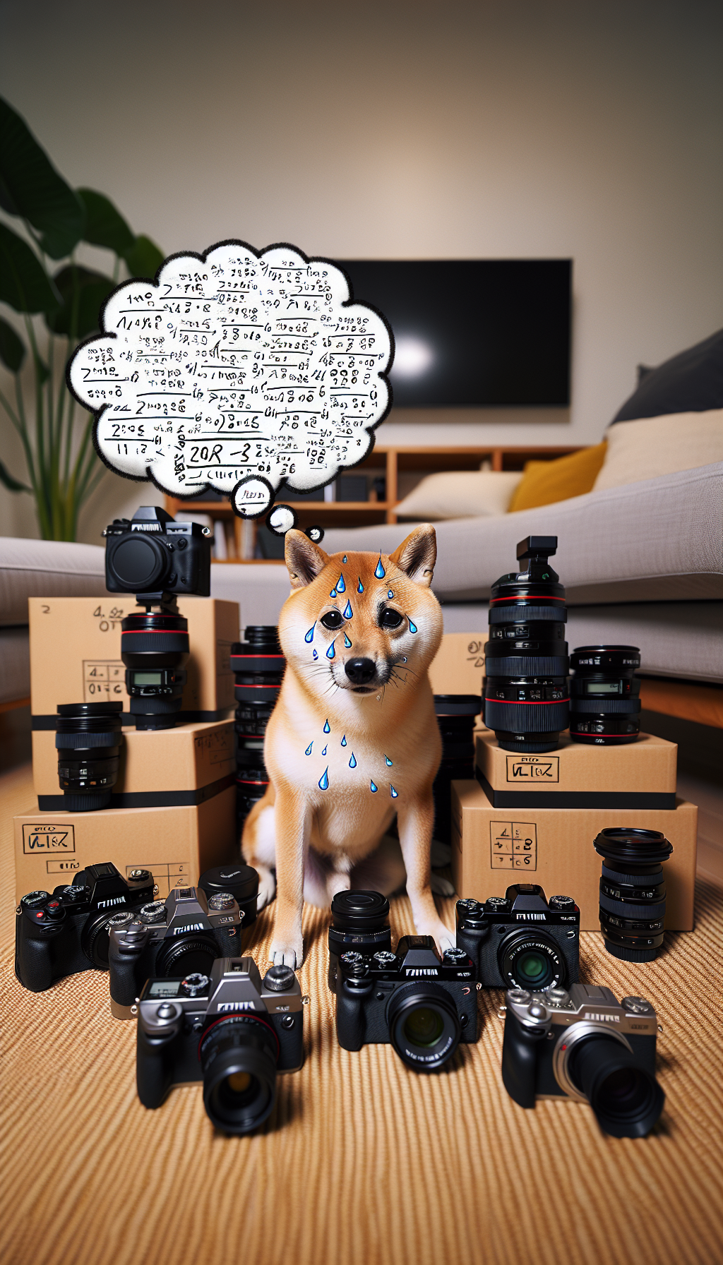 A Shiba Inu dog overwhelmed by the sheer amount of megapixels (40.2MP) and video resolution (6.2K) on the Fujifilm X-E5. The dog is surrounded by camera gear and is visibly sweating, with a thought bubble showing a confused math equation.
