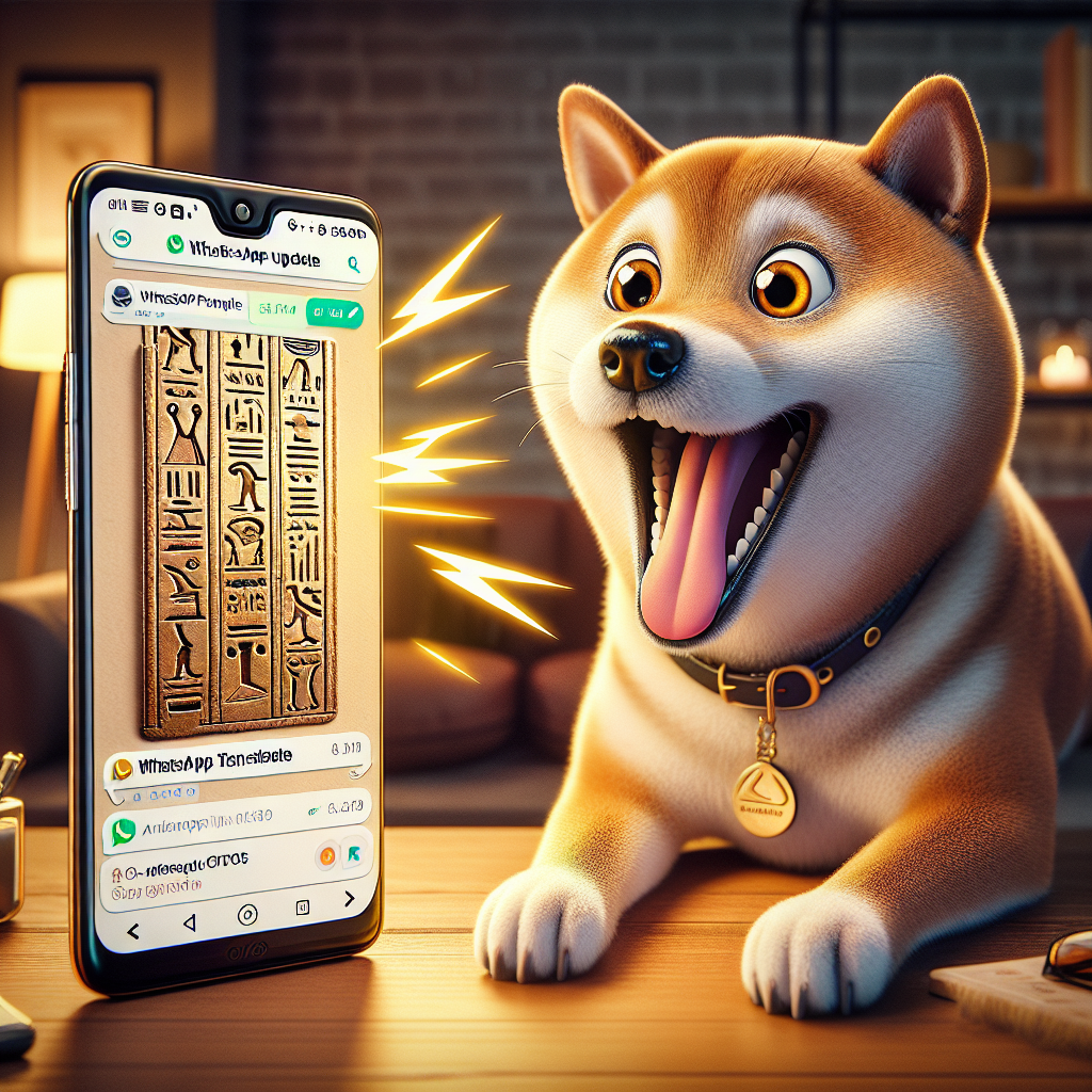 Overly excited Shiba Inu trying to decipher ancient hieroglyphics on a smartphone screen, captioned "WhatsApp translate update: Android vs. iPhone."