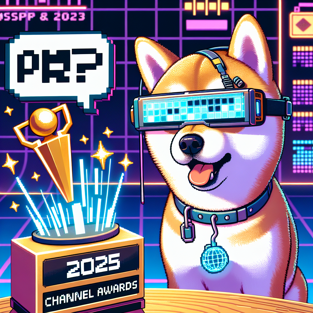 ExaGrid winning awards in 2025? Draw a surprised Shiba Inu dog wearing a tiny futuristic headset, looking at a holographic trophy with "2025 MSP Channel Awards" on it. The Shiba's speech bubble shows only "OMG FR?". The background shows a pixel art calendar stuck in 2023.